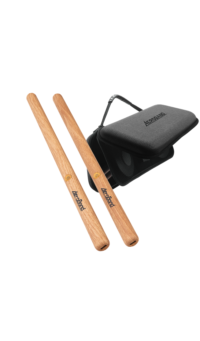 Air Drumming set featuring wooden drumsticks and a portable carrying case for convenient practice.