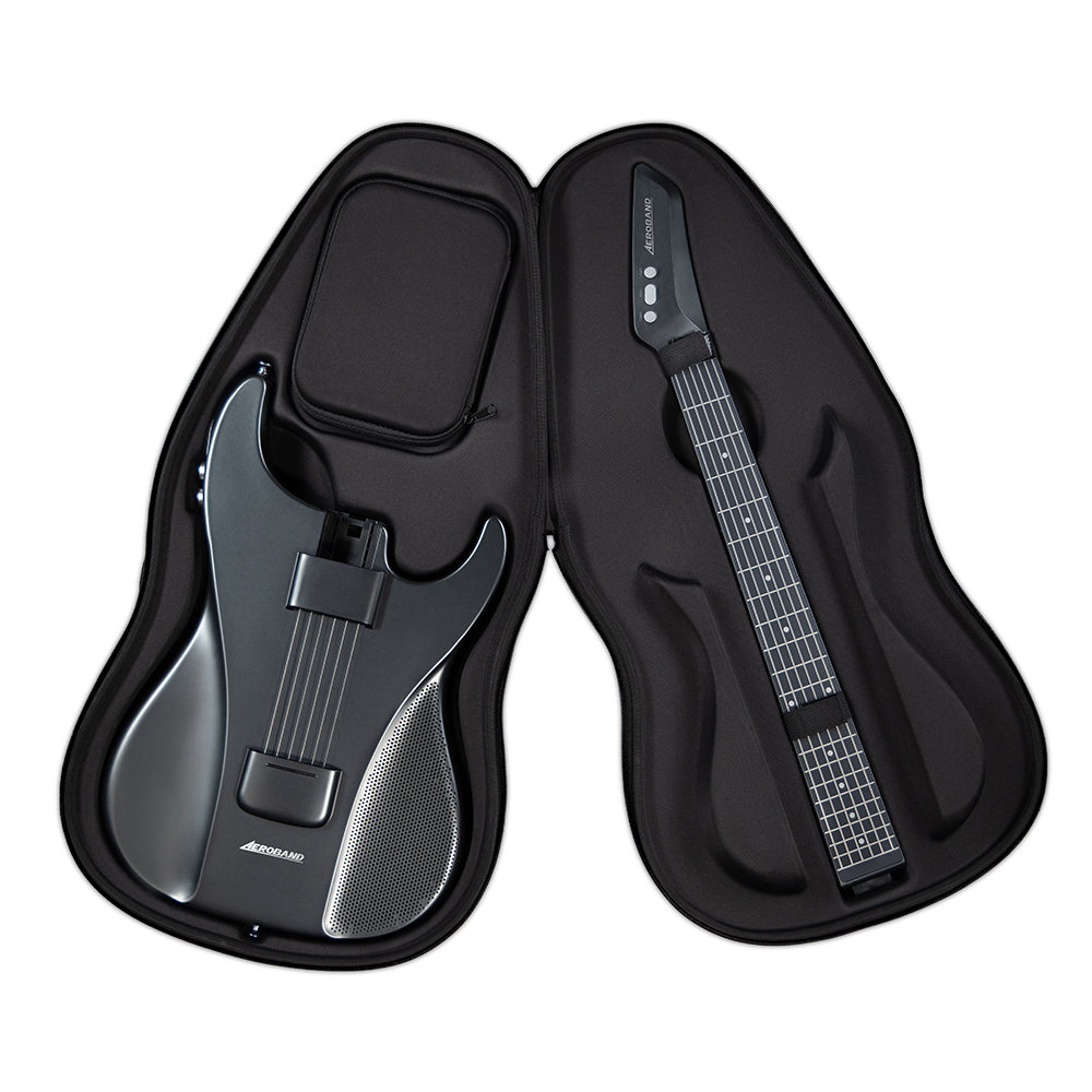 Open Aeroband guitar bag showcasing black portable electric guitar and detachable neck, custom-fit for travel.