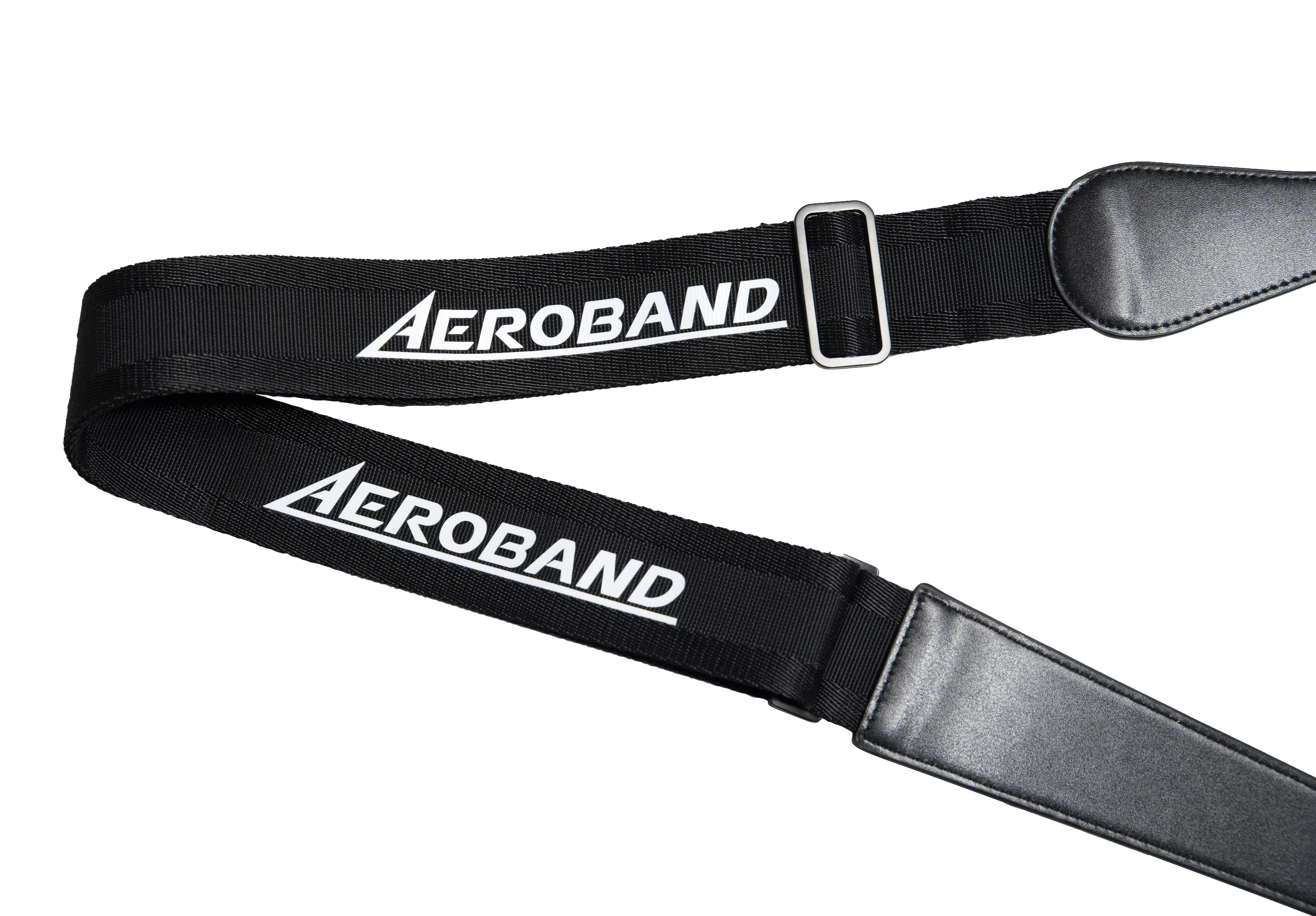 Black Aeroband electric guitar strap with white logo, faux leather ends, and metal adjuster.