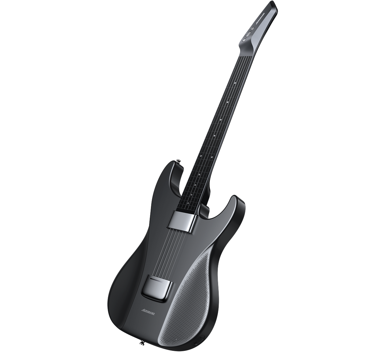 Matte black AeroBand smart electric guitar with silicone strings and silver accents.