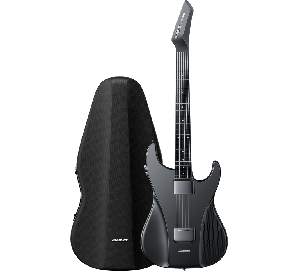 AeroBand matte black digital guitar and case, with silicone strings, detachable neck, for silent practice(headphones required) and MIDI.