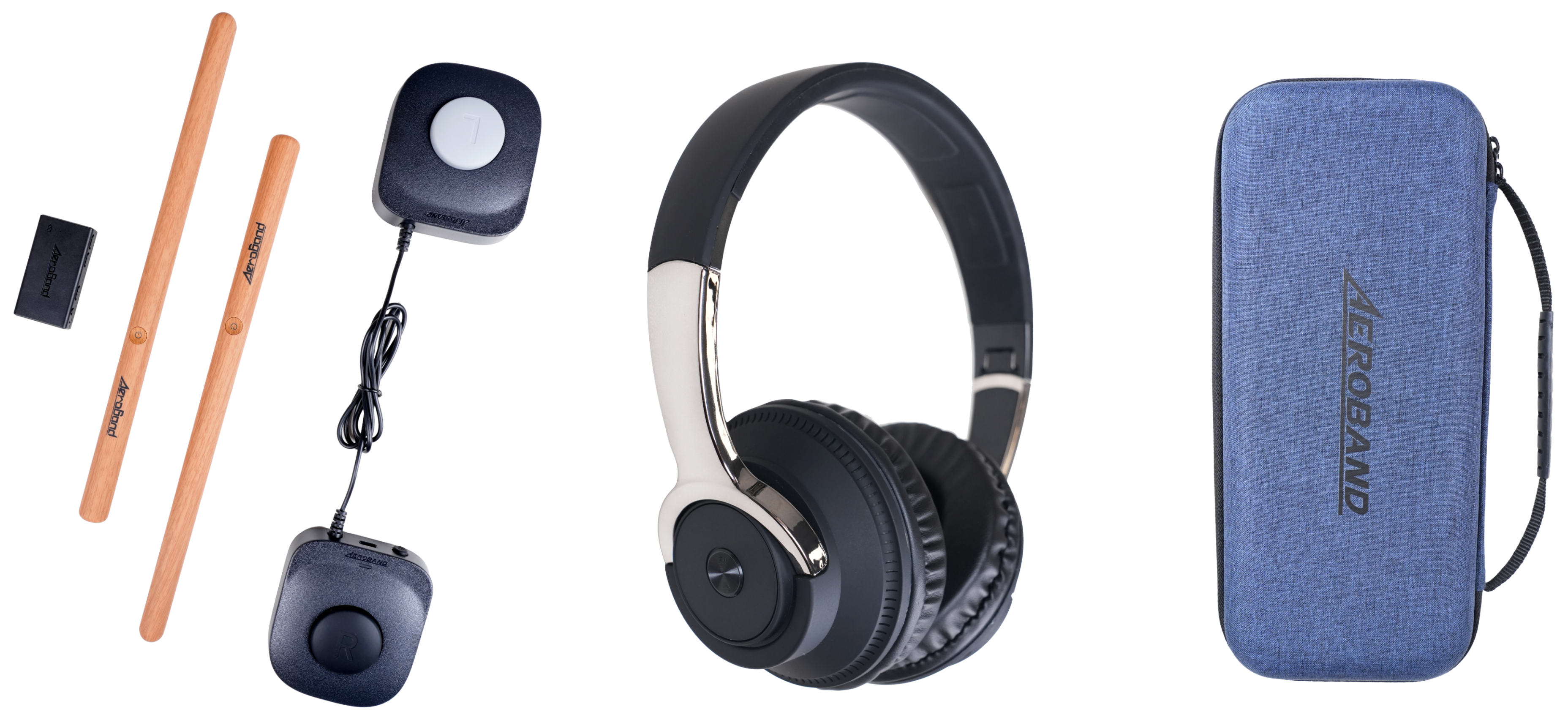 PocketDrum 2 Max kit with wooden drumsticks, foot pedals, headphones, and Aeroband case.