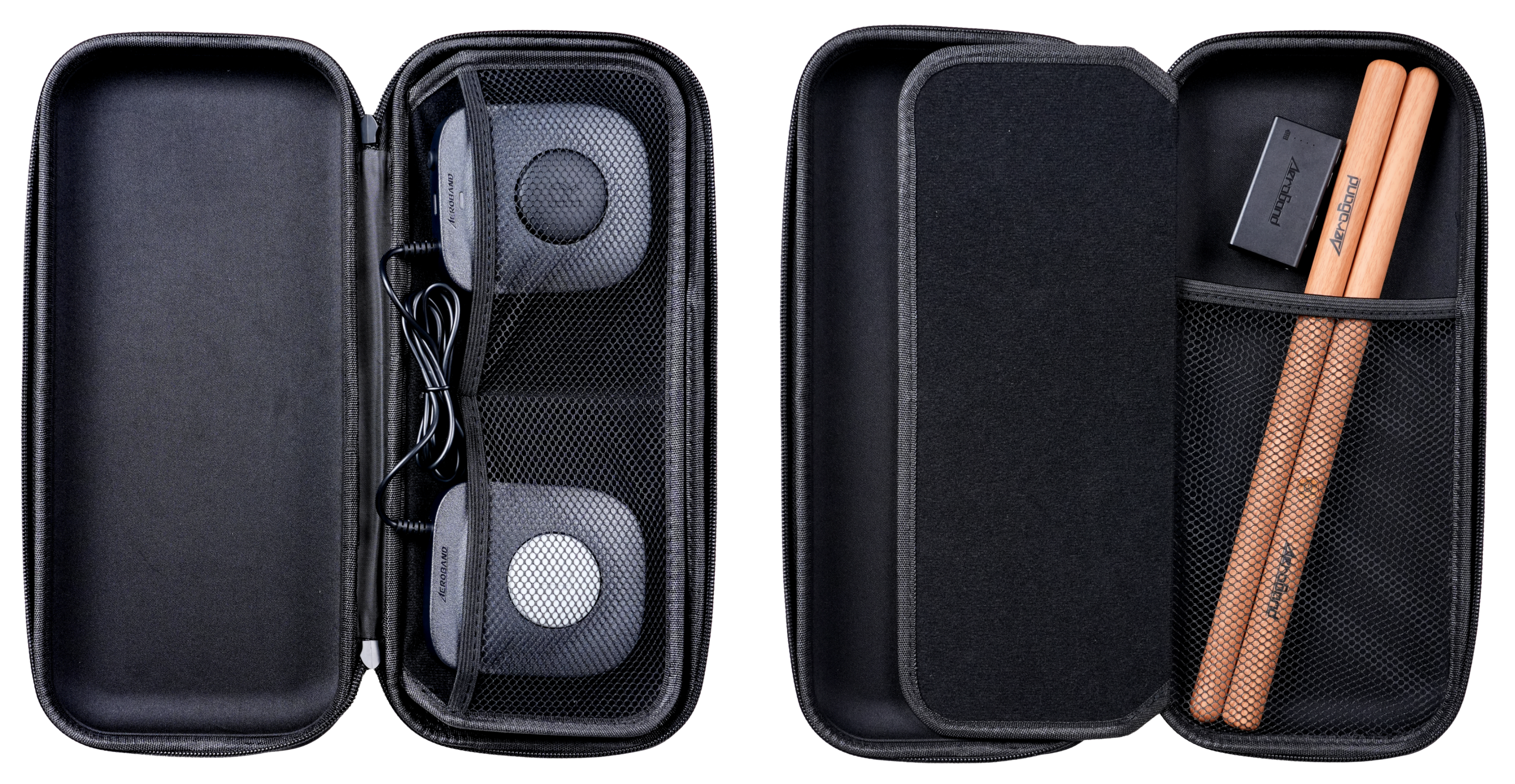 Portable PocketDrum 2 Max virtual electric drum components with drumsticks in a black carrying case.