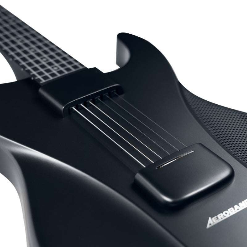 Aeroband black matte electric guitar controller with simulated steel strings & checkered fretboard for Aeroband Guitar Strings.