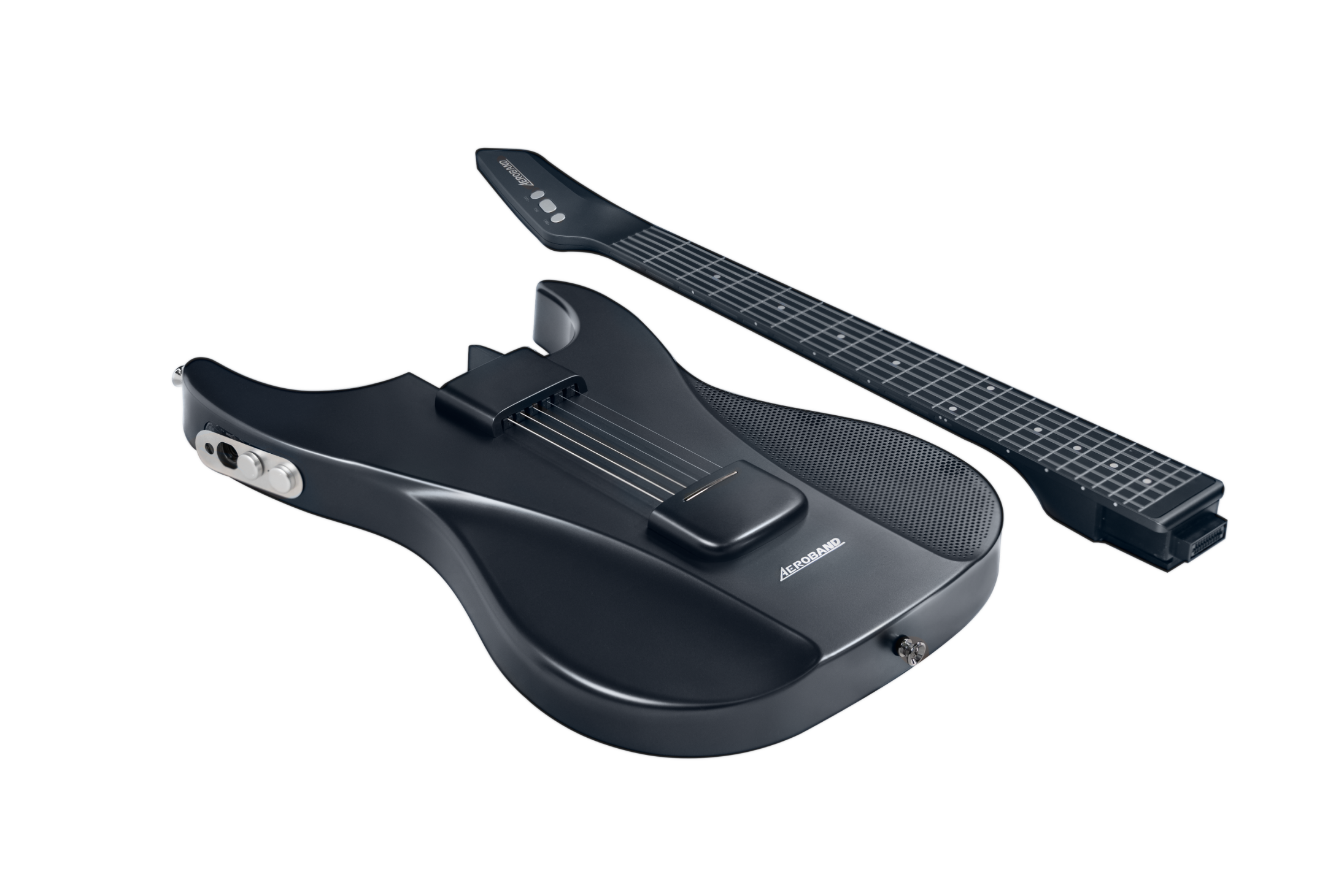 AeroBand smart guitar body with detached neck, showcasing silicone strings and MIDI controller.