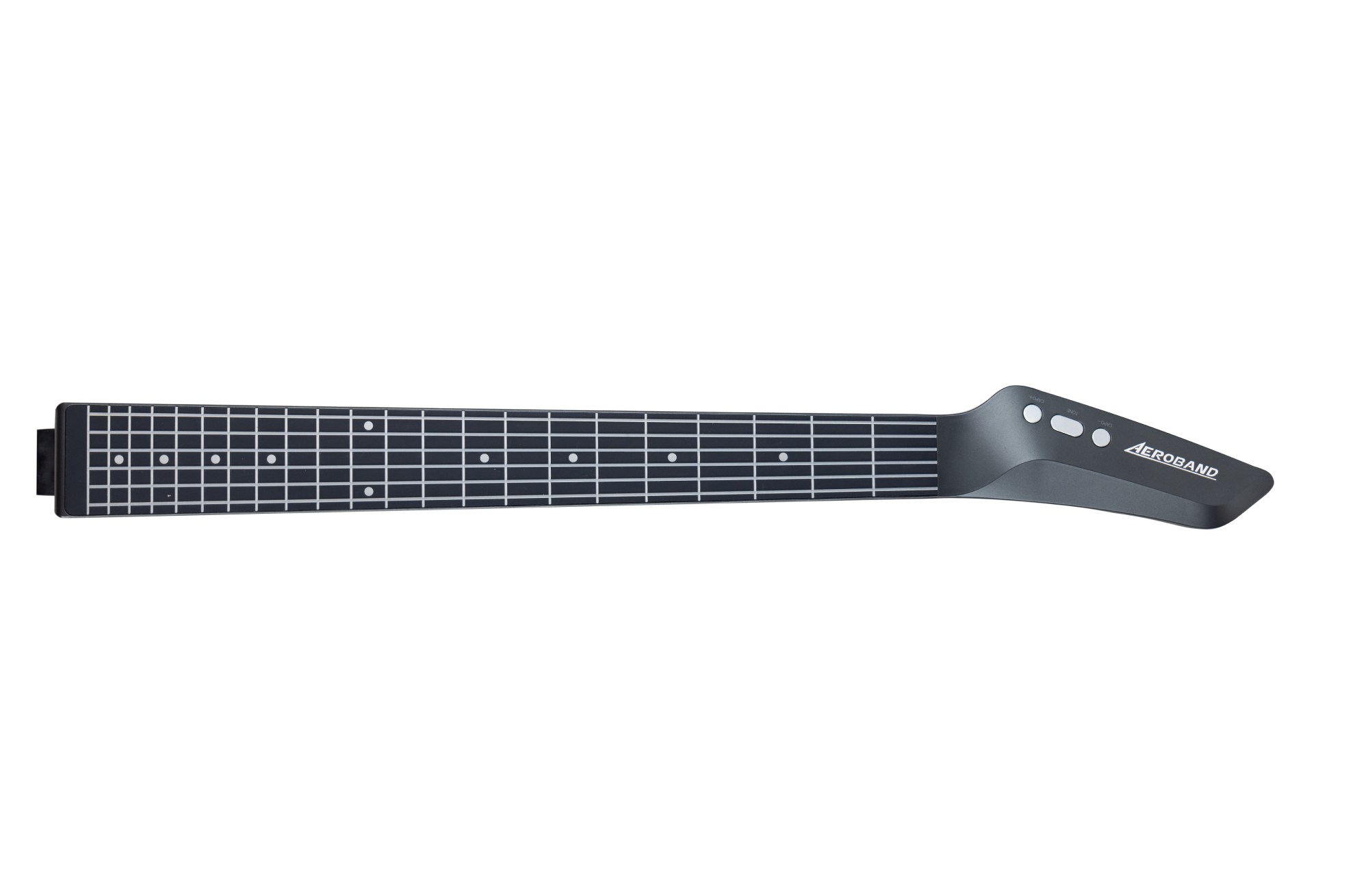 The AeroBand guitar neck features digital frets and the AEROBAND logo, with CAPO, TONE, and MIDI controls. It allows for silent practice via a headphone.