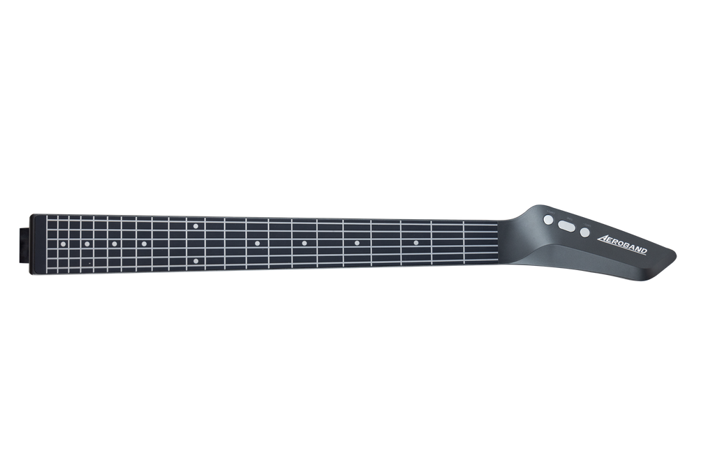 The AeroBand guitar neck features digital frets and the AEROBAND logo, with CAPO, TONE, and MIDI controls. It allows for silent practice via a headphone.