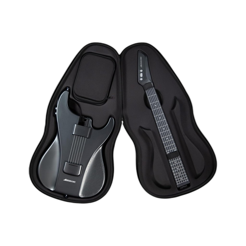 Matte black AeroBand guitar disassembled in case, showing detachable neck with digital frets and MIDI controller.