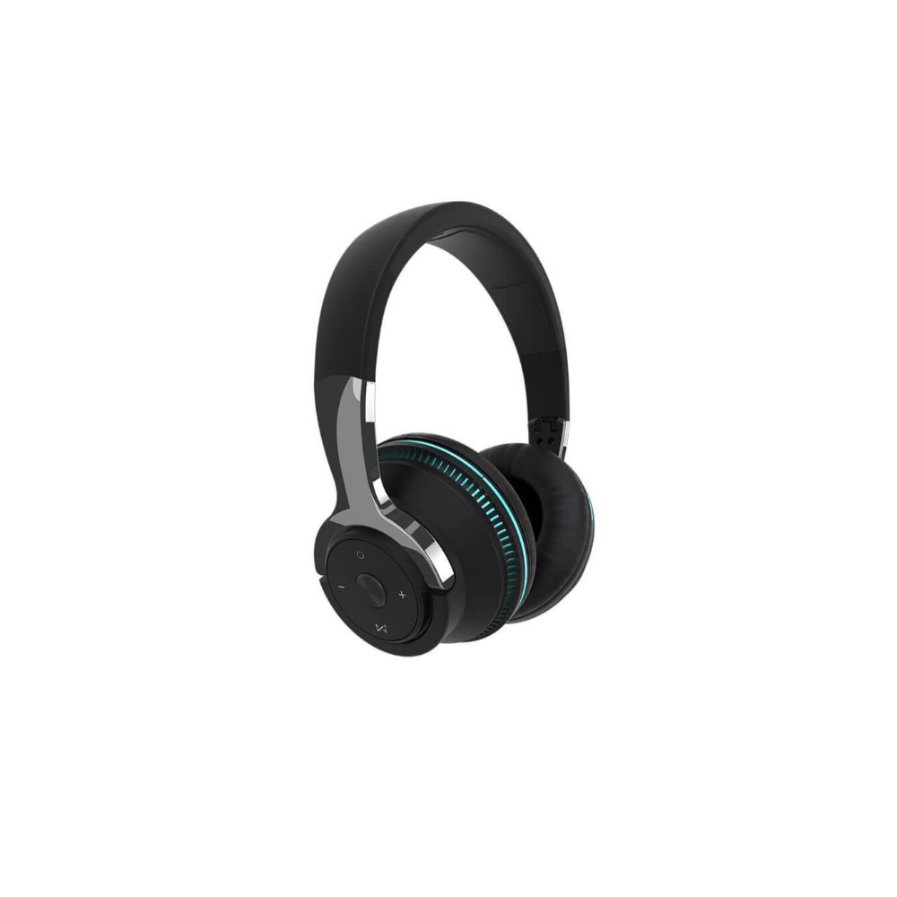 Black AeroBand wireless headphones for drummers with blue accent ring and silver trim on earcups.