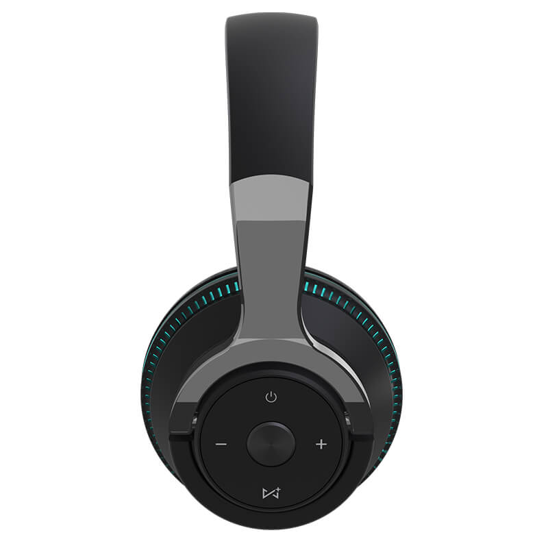 AeroBand black wireless over-ear headphones for drummers with blue illuminated accents on earcups and grey headband.