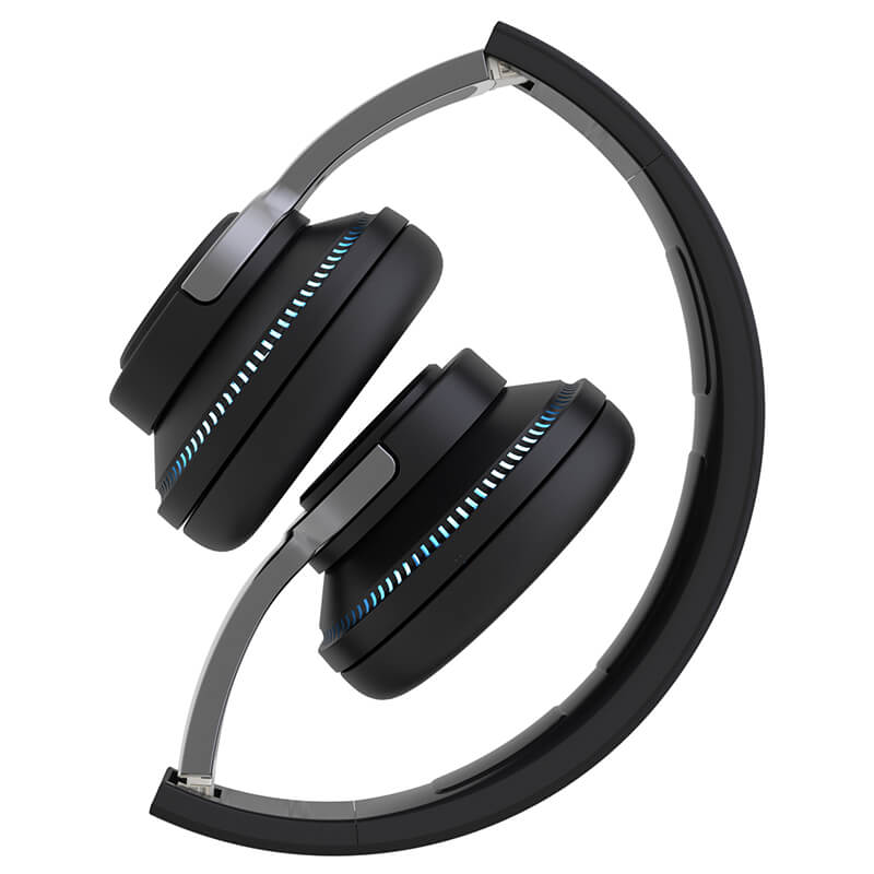 AeroBand folding black wireless headphones with blue accents for drummers, showcasing sleek design and portability.