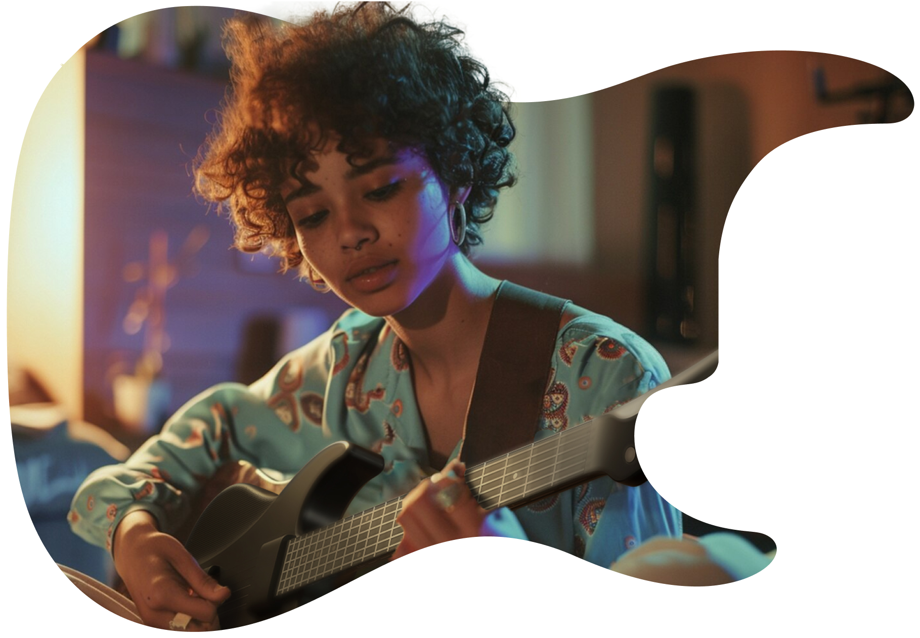 Die elektronischen Instrumente von Aeroband, darunter die PocketDrum, die AeroBand Guitar und die AeroBand Over-Ear Headphones, zusammen abgebildet, so wie sie der Hersteller präsentiert.